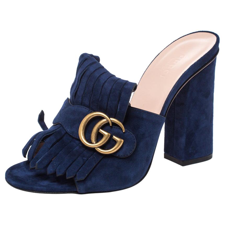 Gucci Navy Blue Suede GG Marmont Fringed Slide Sandals Size 38