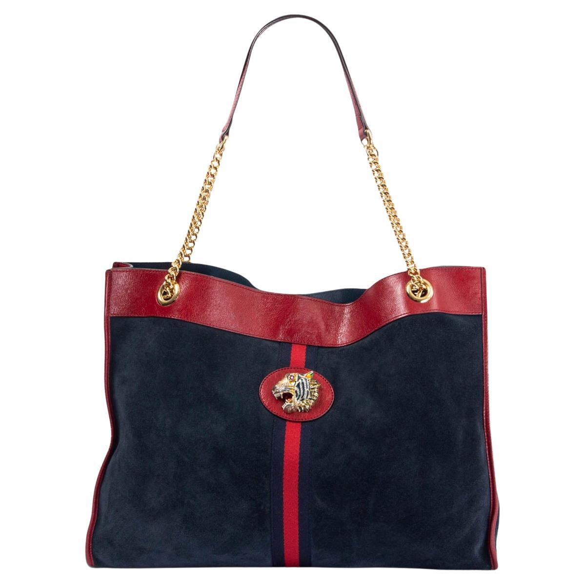 GUCCI navy blue suede & red leather RAJA LARGE TOTE Shoulder Bag For Sale