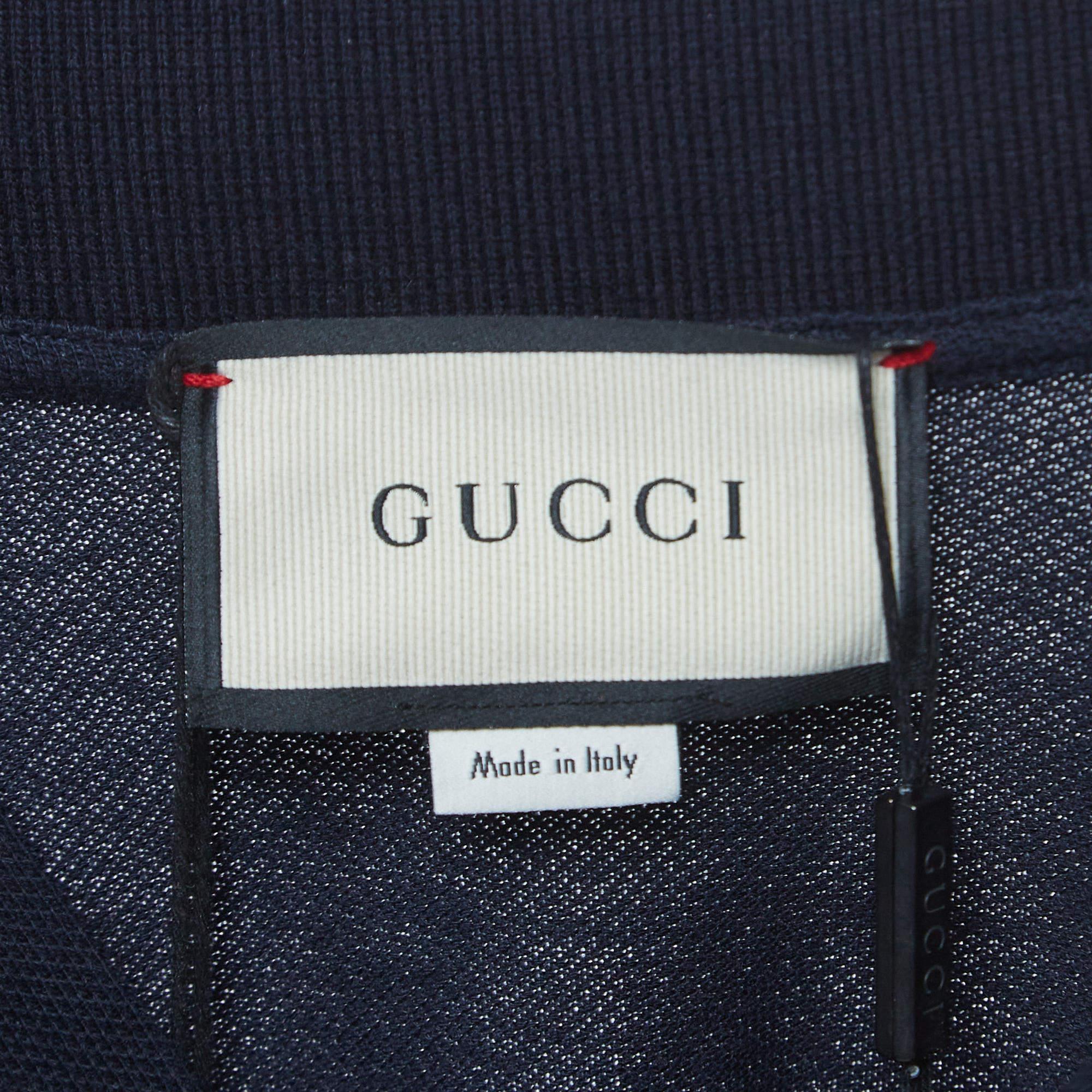 Gucci Navy Blue Symbols Embroidered Cotton Pique Polo T-Shirt XL In Excellent Condition In Dubai, Al Qouz 2