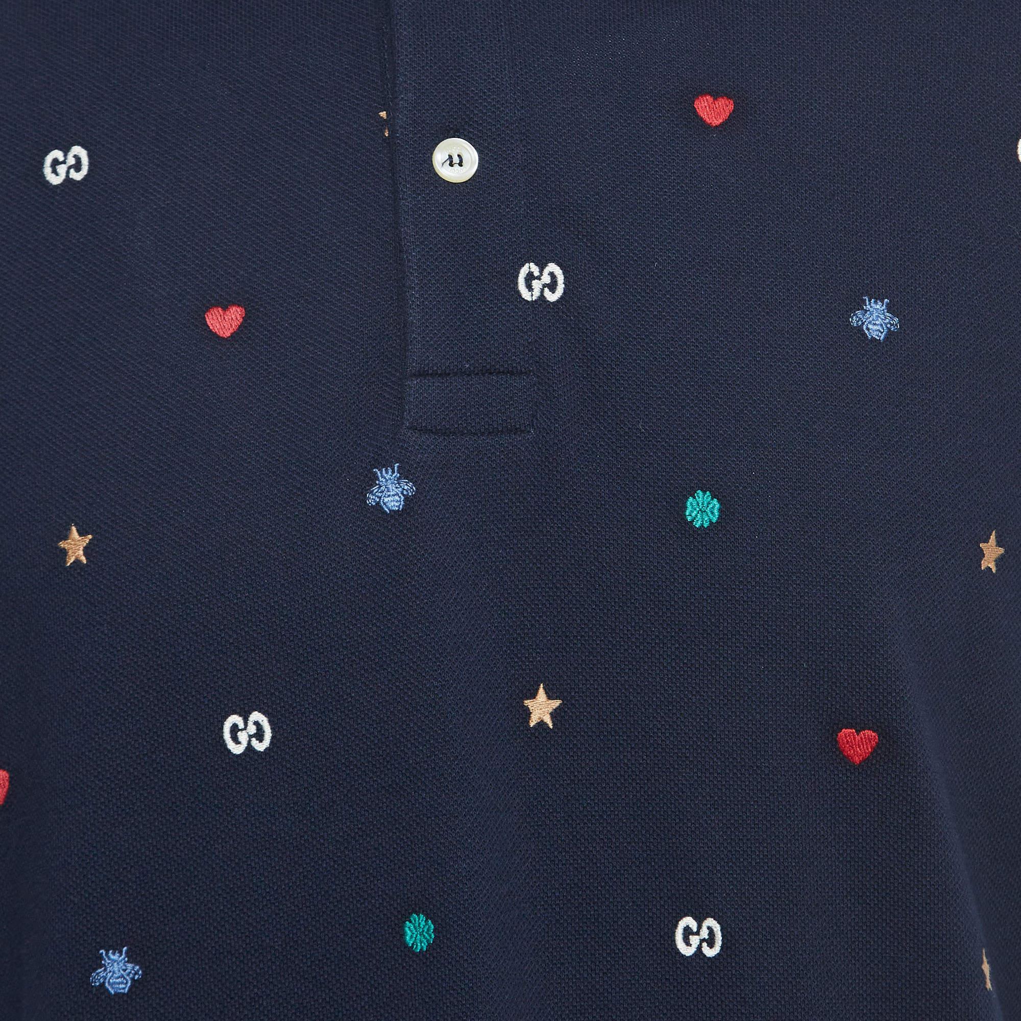 Men's Gucci Navy Blue Symbols Embroidered Cotton Pique Polo T-Shirt XL