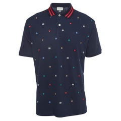 Besticktes Baumwoll- Pique-Polo-T-Shirt von Gucci in Marineblau mit Symbolen XL
