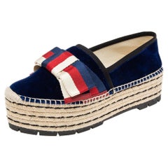 Used Gucci Navy Blue Velvet and Fabric Bow Platform Espadrilles Size 38.5