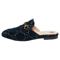 Gucci Navy Blue Velvet GG Princetown Horsebit Mules Size 37