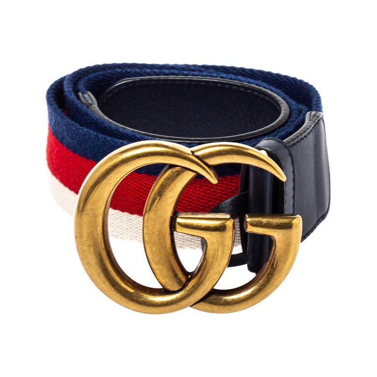 Navy Blue Web Canvas and Leather Double G Buckle Belt at