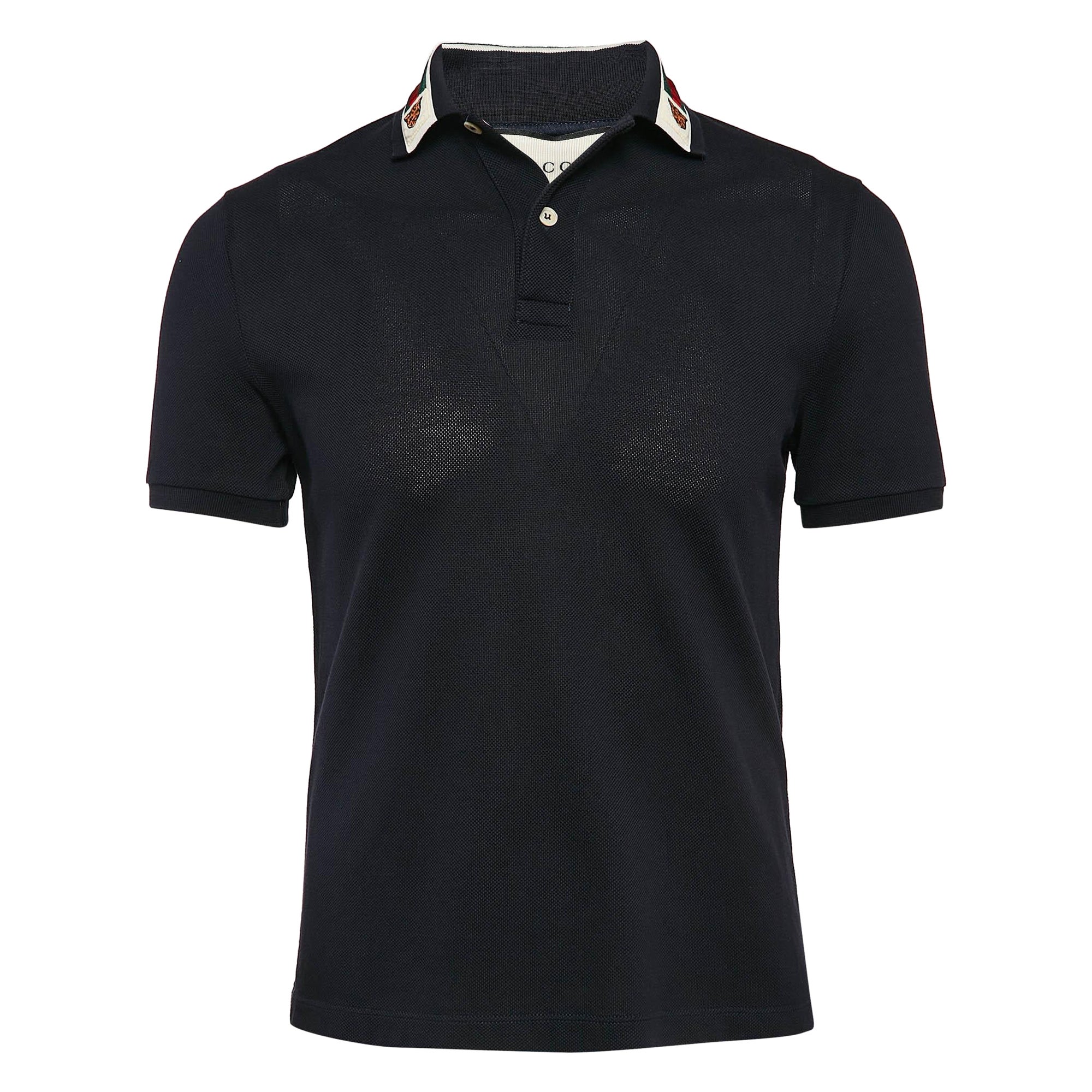 Gucci Navy Blue Web Collar Pique Jersey Polo T-Shirt S