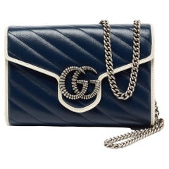 Gucci Navy Blue/White Diagonal Quilt Leather GG Marmont Torchon Wallet on Chain