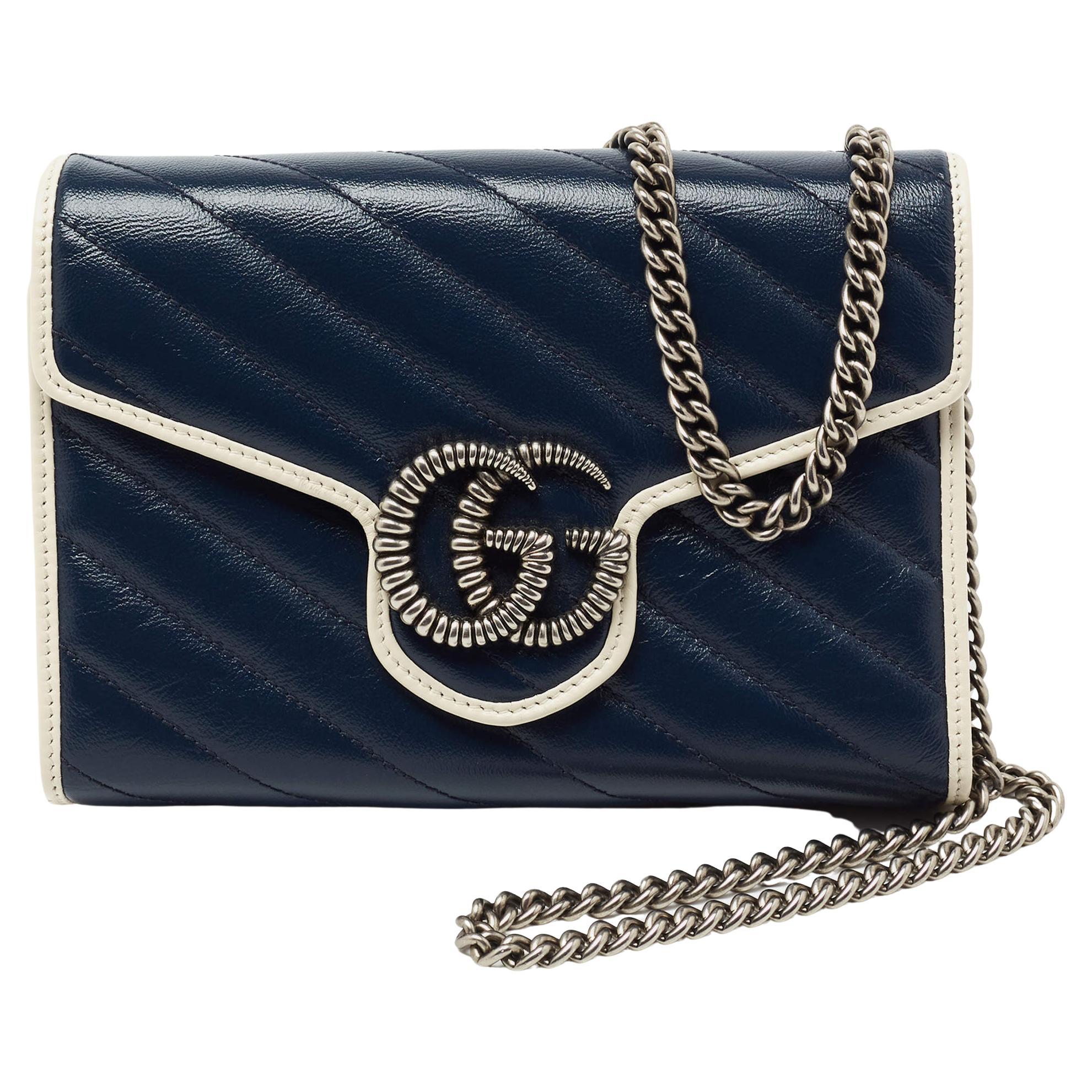 Gucci Navy Blue/White Diagonal Quilt Leather GG Marmont Torchon Wallet on Chain