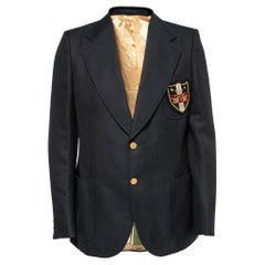 Gucci Navy Blue Wool Embroidered Crest Patched Blazer XL