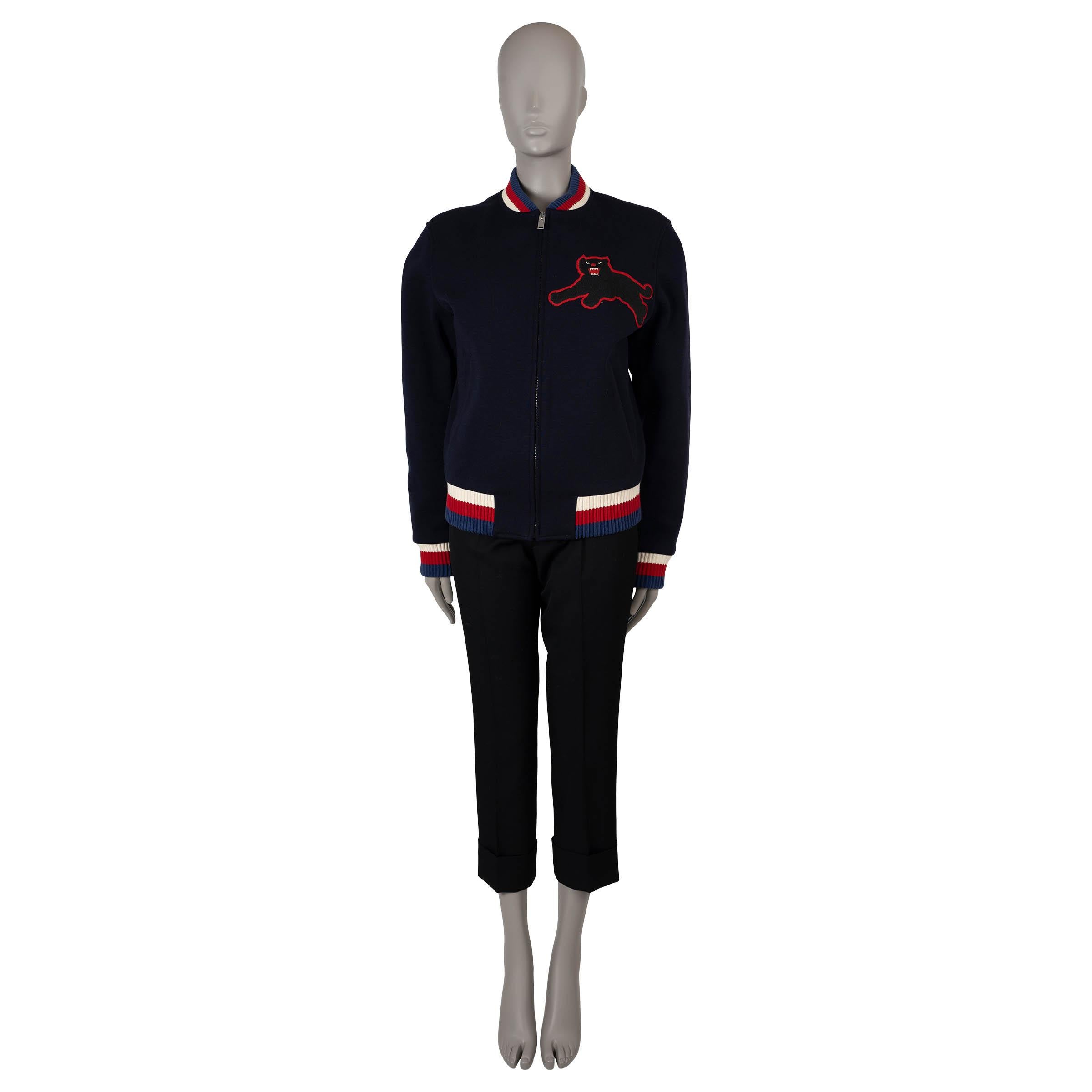 GUCCI navy blue wool jersey 2016 PANTHER Bomber Jacket 48 mens or women's L In Excellent Condition For Sale In Zürich, CH