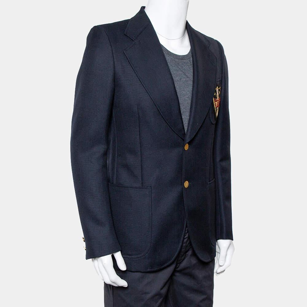 Gucci Navy Blue Wool & Mohair Chateau Marmont Embroidered Button Front Blazer M In Excellent Condition For Sale In Dubai, Al Qouz 2