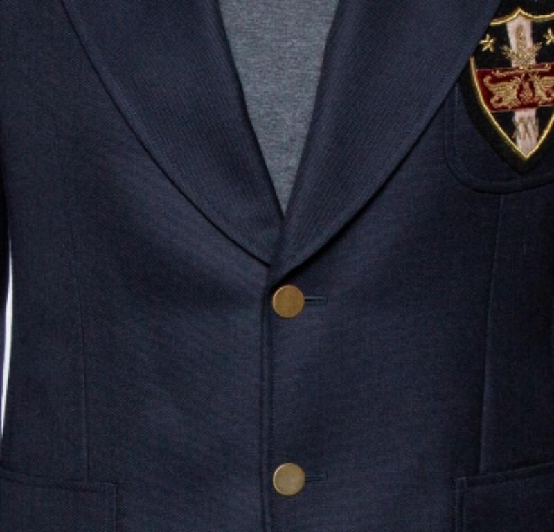 Gucci Navy Blue Wool & Mohair Chateau Marmont Embroidered Button Front Blazer M In Excellent Condition For Sale In Dubai, Al Qouz 2