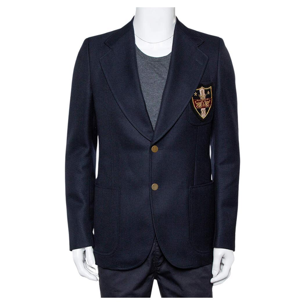 Gucci Navy Blue Wool & Mohair Chateau Marmont Embroidered Button Front Blazer M For Sale