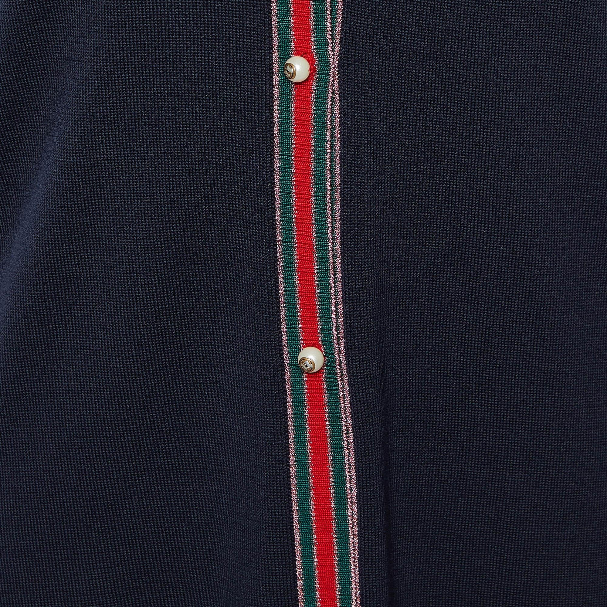 Women's Gucci Navy Blue Wool Web Trim Button Front Cardigan XXL