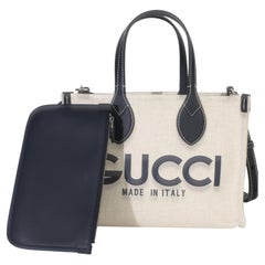Gucci Navy Canvas Calfskin Logo Print Mini Tote