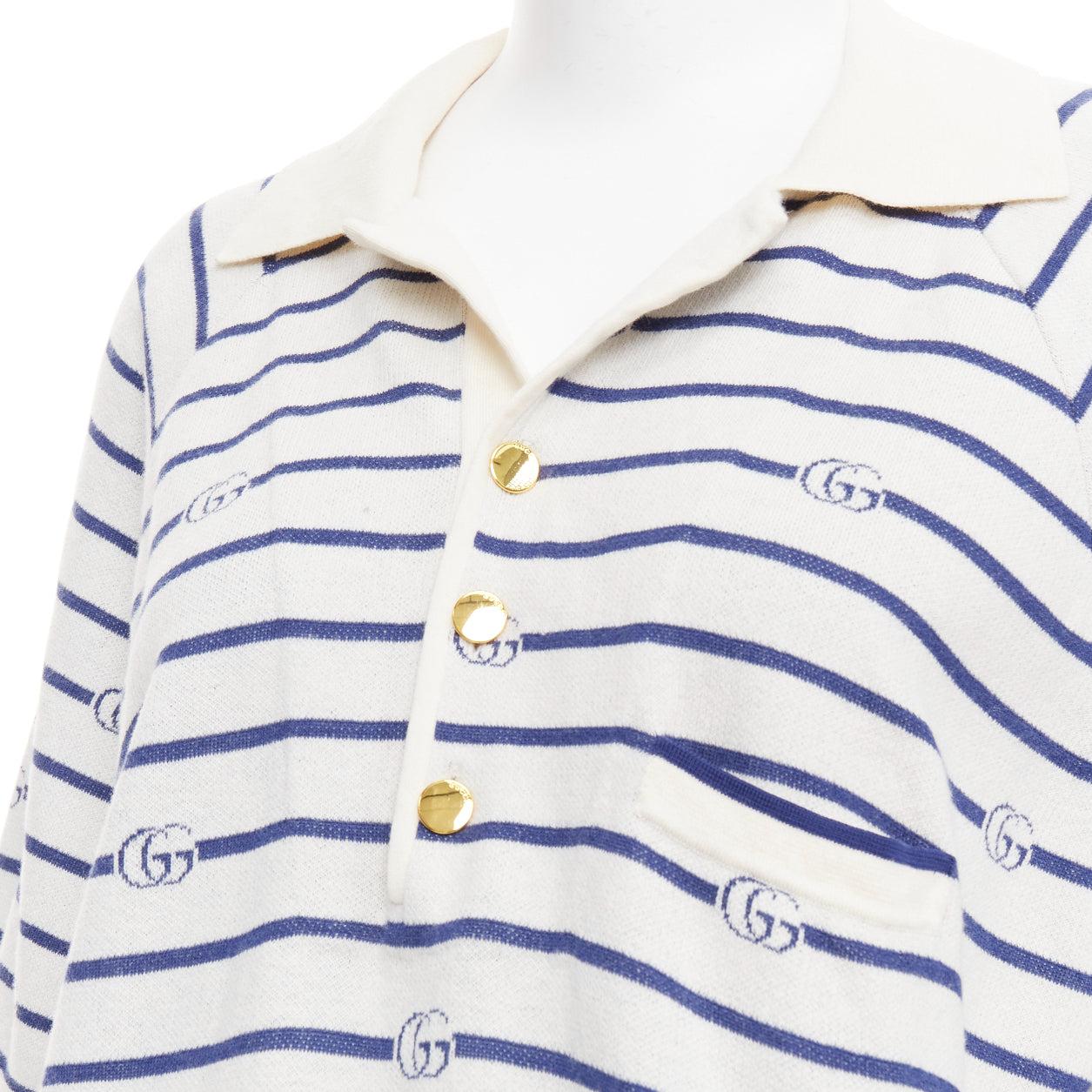 GUCCI navy cream cotton wool GG logo striped oversized polo shirt XXXL
Reference: CNPG/A00111
Brand: Gucci
Designer: Alessandro Michele
Material: Cotton, Wool
Color: Navy, Cream
Pattern: Monogram
Closure: Button
Extra Details: Gold logo