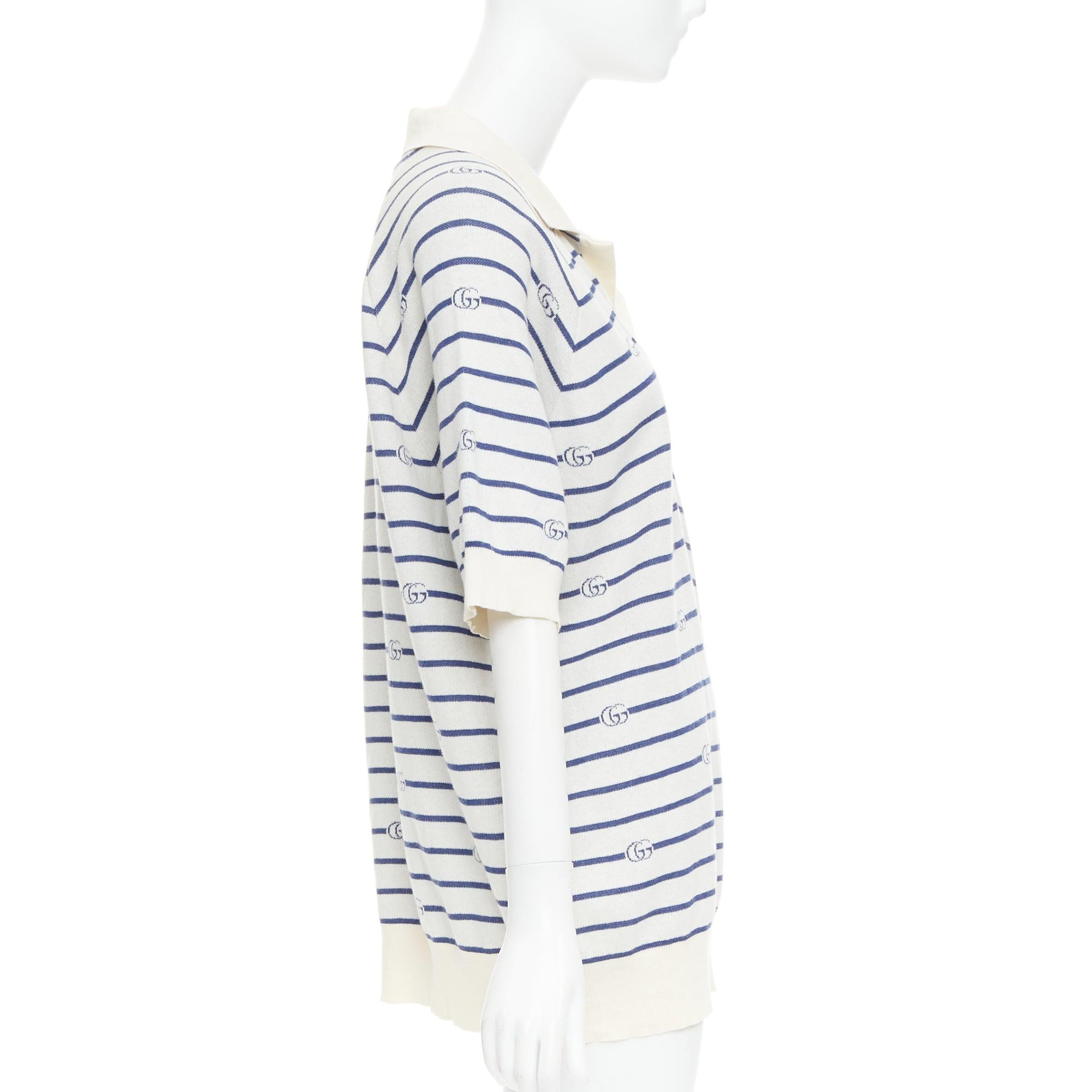 GUCCI navy cream cotton wool GG logo striped oversized polo shirt XXXL In Excellent Condition For Sale In Hong Kong, NT