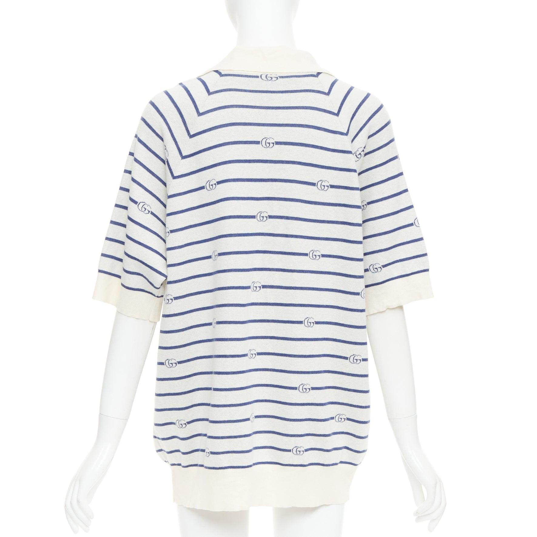 Women's GUCCI navy cream cotton wool GG logo striped oversized polo shirt XXXL For Sale