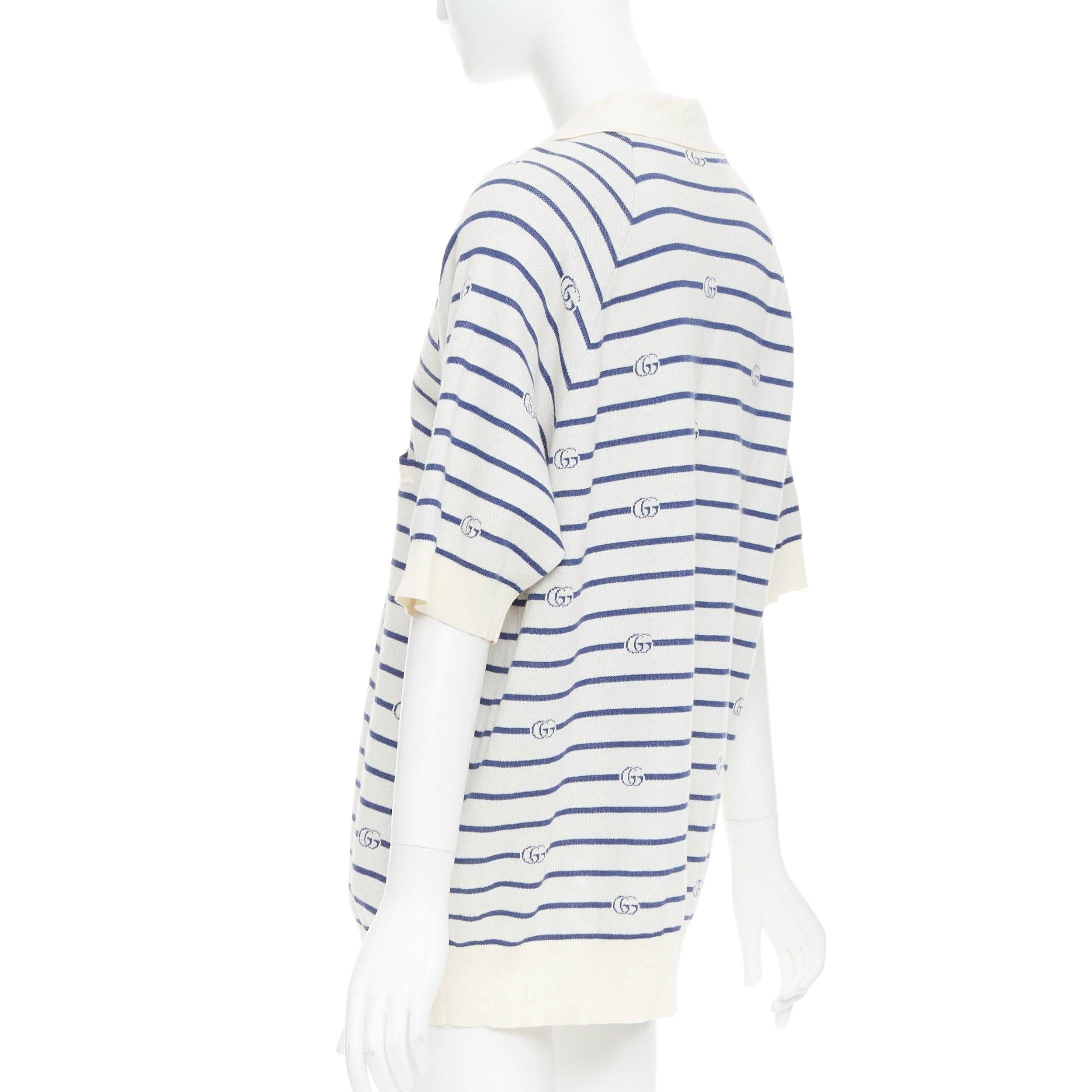 GUCCI navy cream cotton wool GG logo striped oversized polo shirt XXXL For Sale 1
