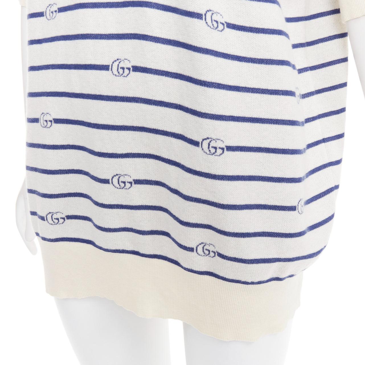 GUCCI navy cream cotton wool GG logo striped oversized polo shirt XXXL For Sale 2