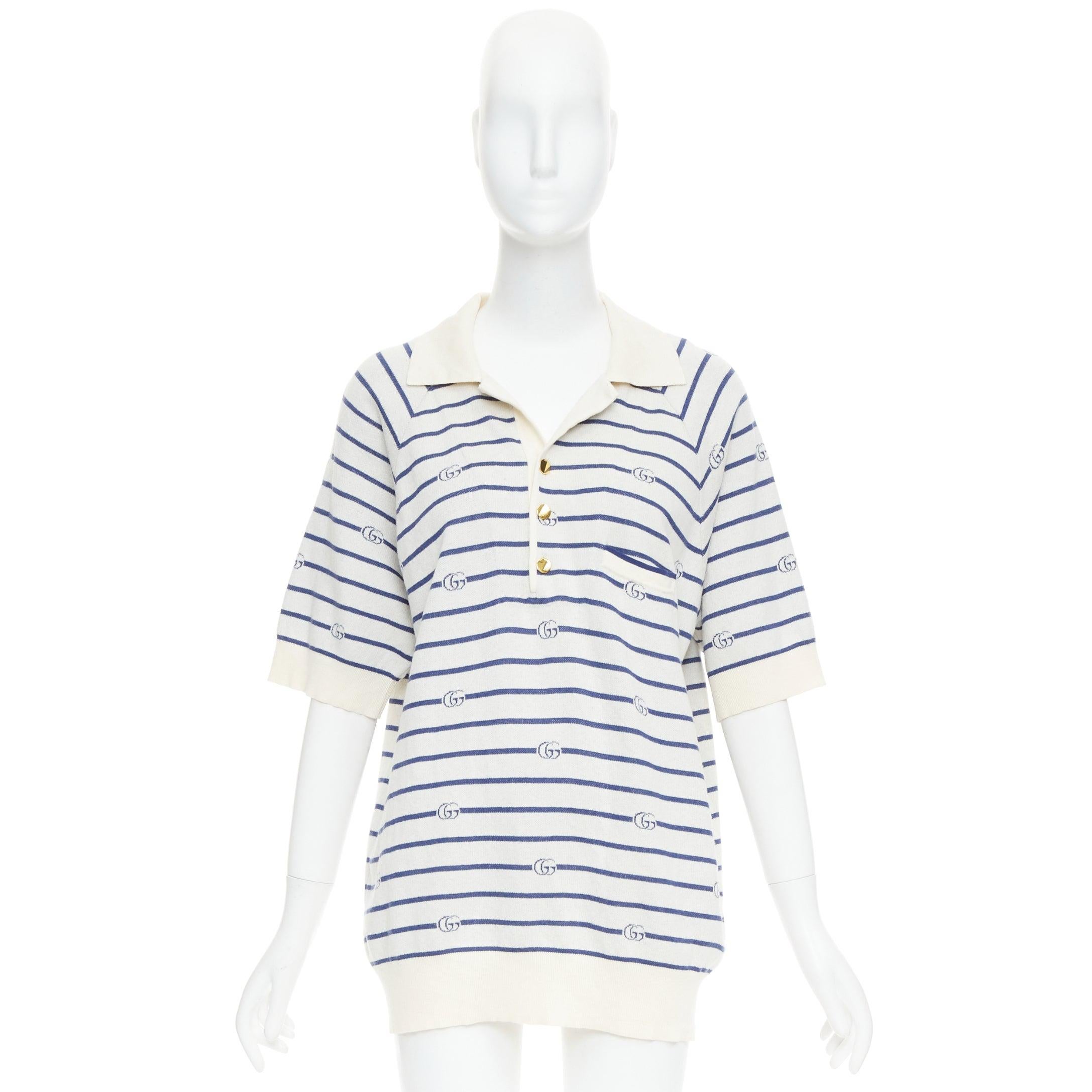GUCCI navy cream cotton wool GG logo striped oversized polo shirt XXXL For Sale 4