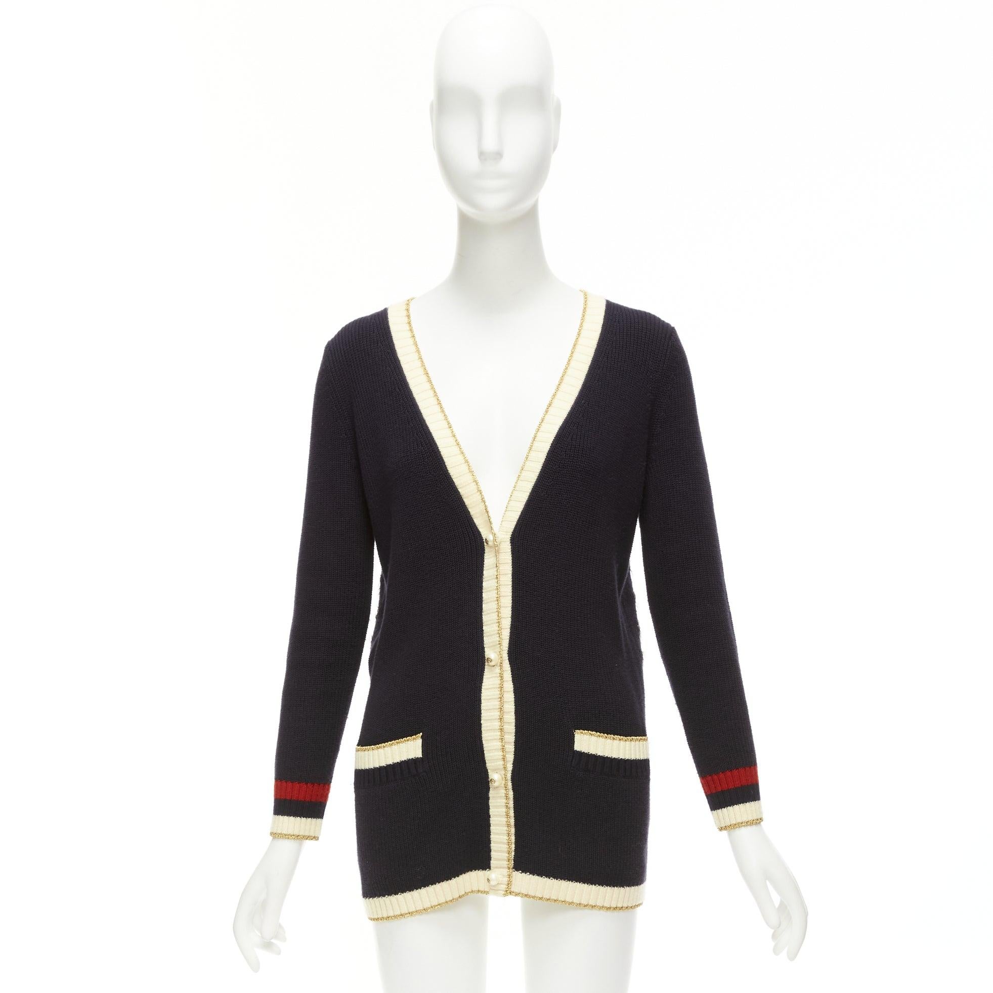 GUCCI navy cream trim cotton blend GG faux pearl button cardigan XXS For Sale 6