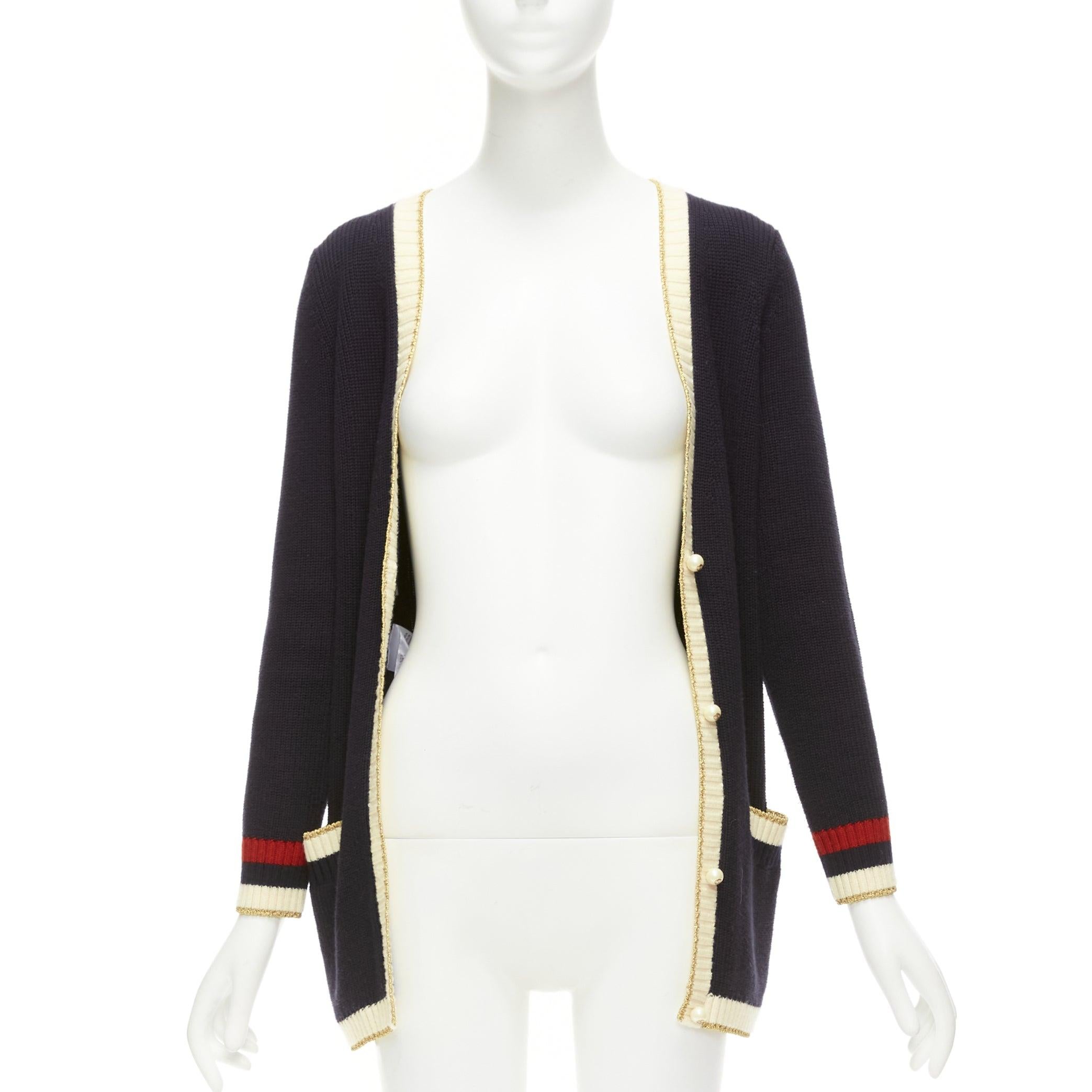 GUCCI navy cream trim cotton blend GG faux pearl button cardigan XXS In Excellent Condition For Sale In Hong Kong, NT