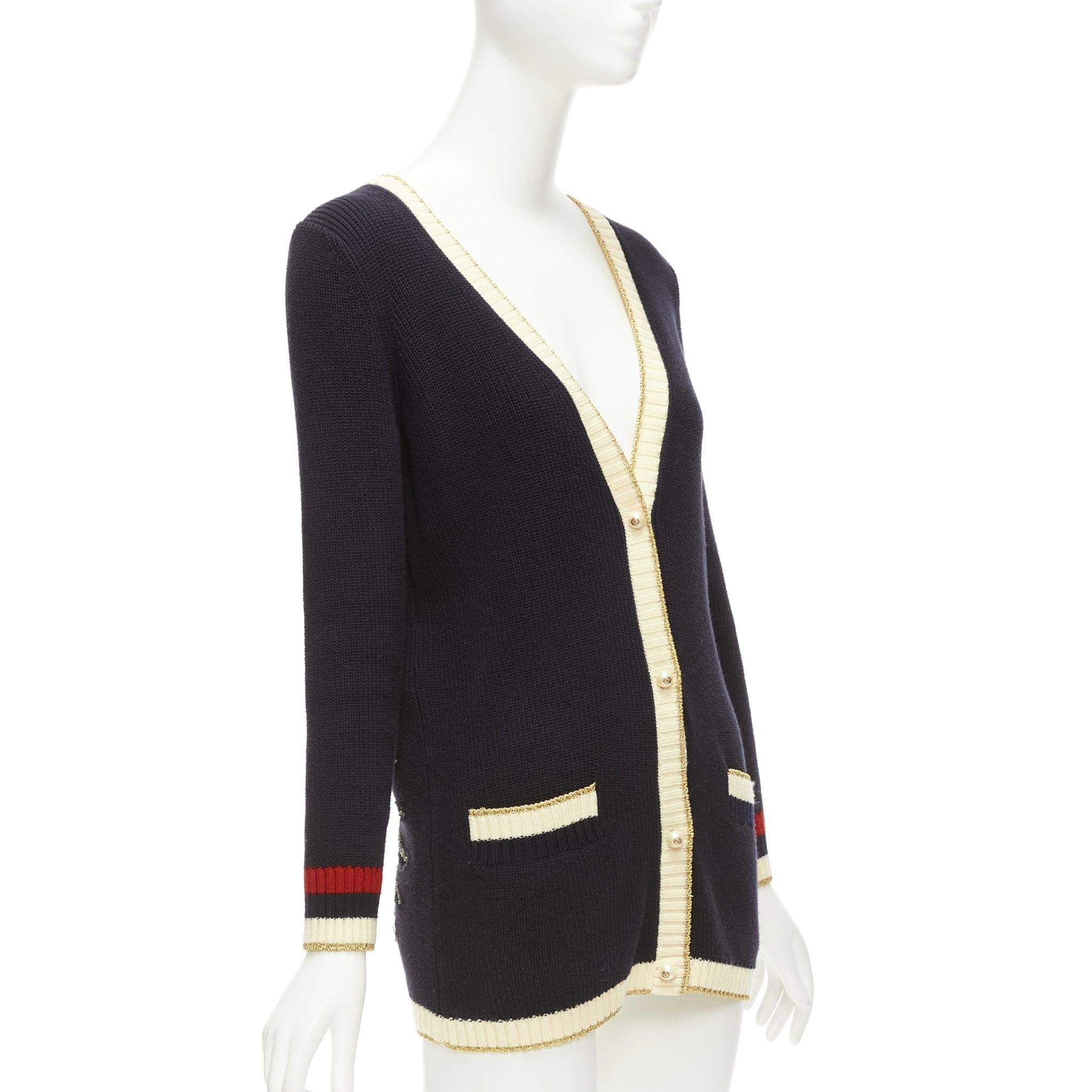 Women's GUCCI navy cream trim cotton blend GG faux pearl button cardigan XXS For Sale