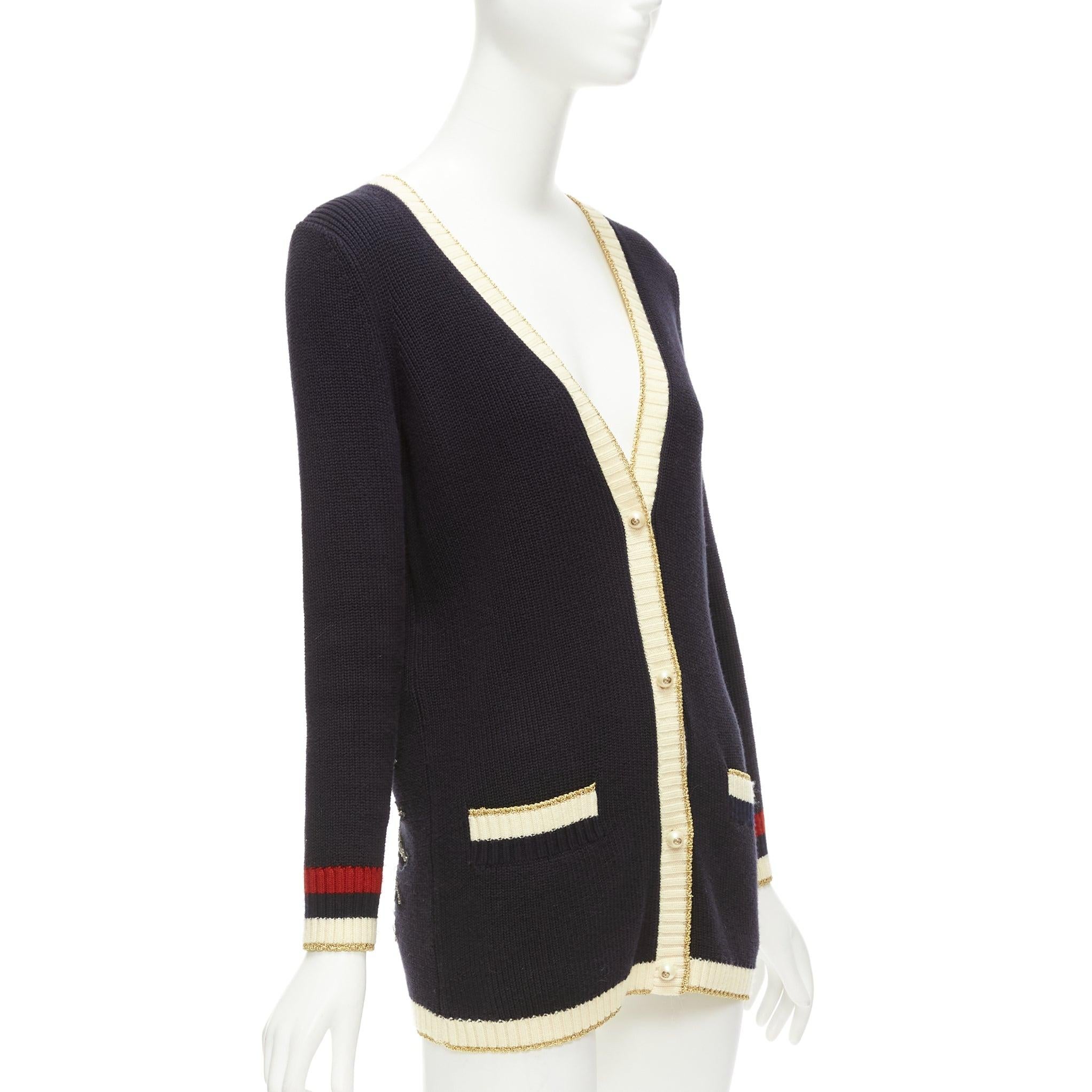 Women's GUCCI navy cream trim cotton blend GG faux pearl button cardigan XXS