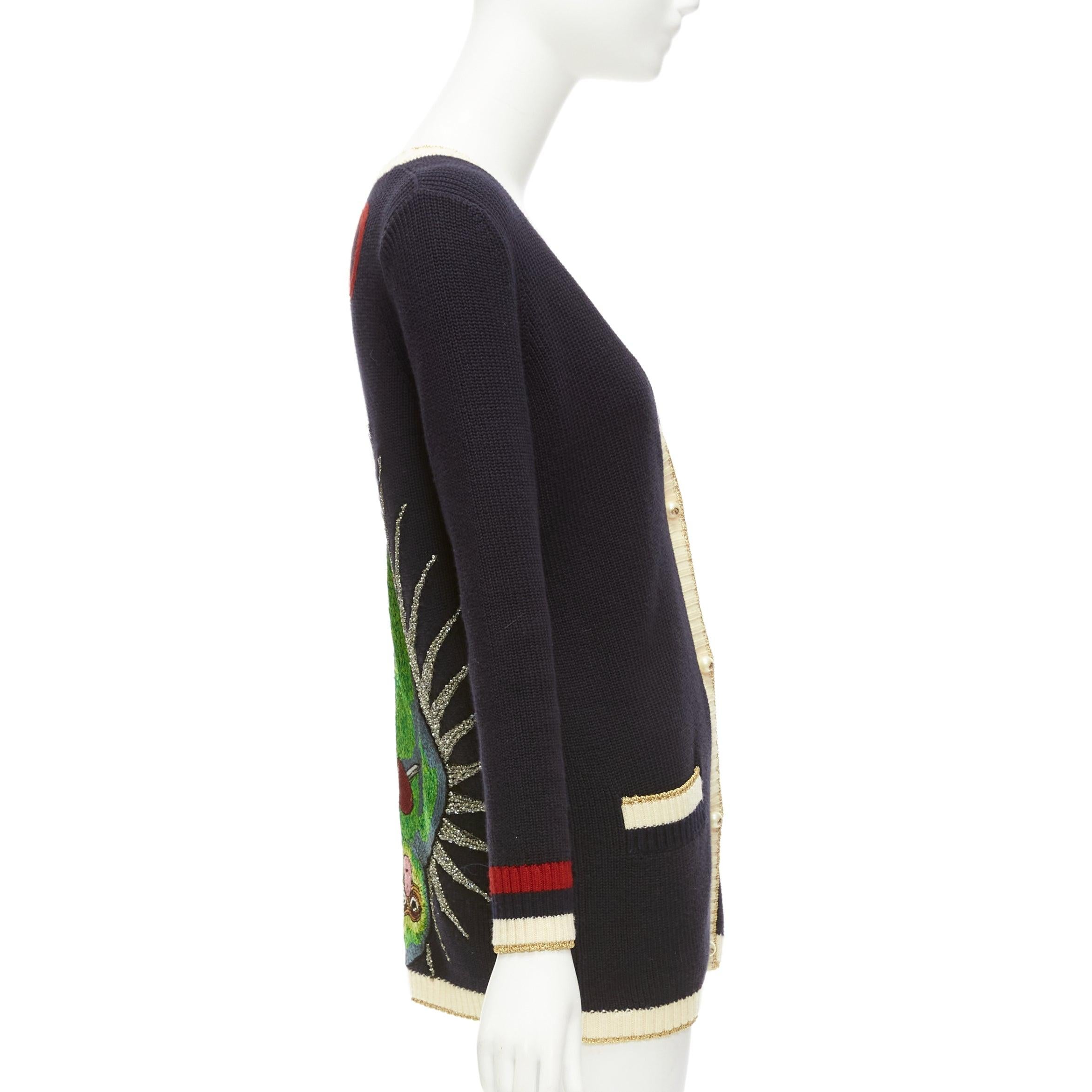 GUCCI navy cream trim cotton blend GG faux pearl button cardigan XXS 1