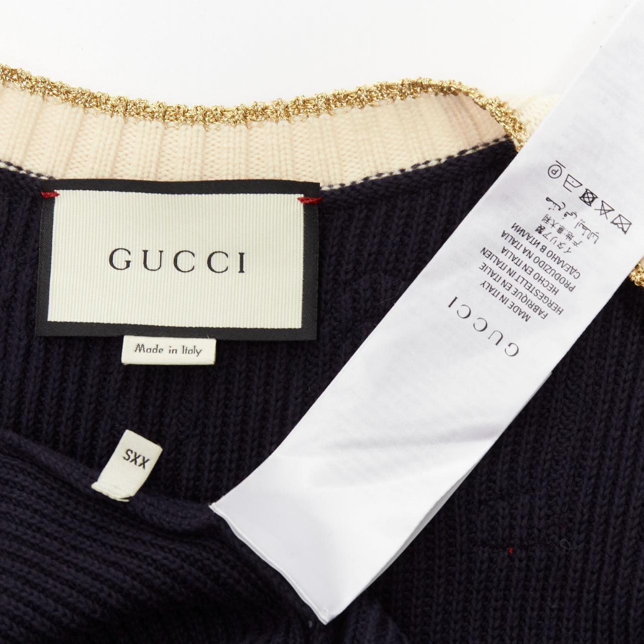 GUCCI navy cream trim cotton blend GG faux pearl button cardigan XXS 5