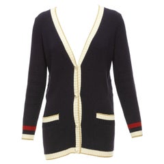 GUCCI navy cream trim cotton blend GG faux pearl button cardigan XXS