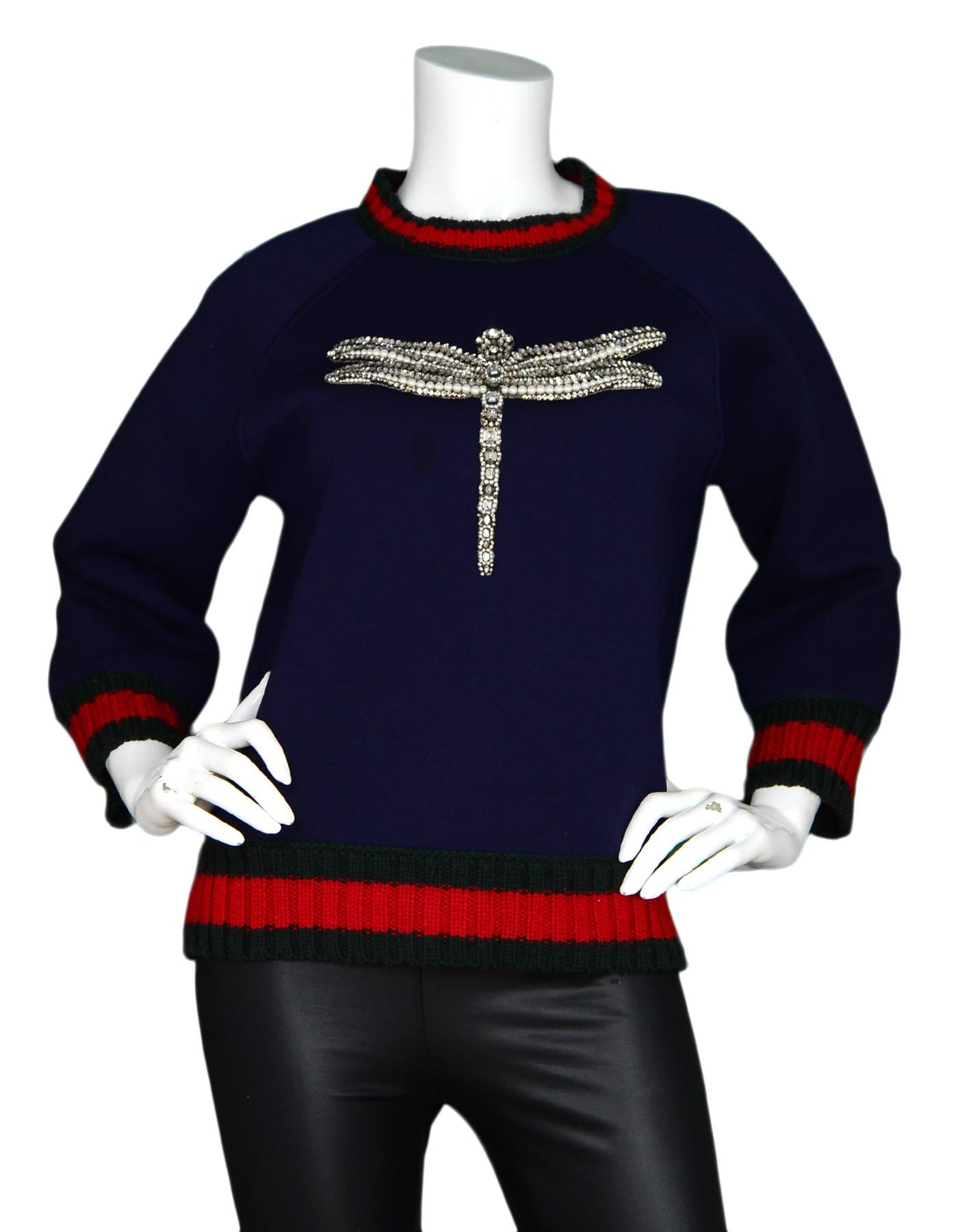 Gucci Navy Crystal Dragonfly Sweatshirt Sweater W/ Knit Web Trim Sz S

Made In: Italy   
Color: Navy, red, green
Materials: 100% rayon, trim- 100% wool, embroidery- 100% silk
Opening/Closure: Pull over
Overall Condition: Good pre-owned condition