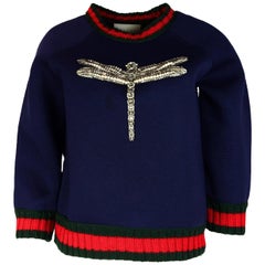 Gucci Navy Crystal Dragonfly Sweatshirt Sweater W/ Knit Web Trim Sz S