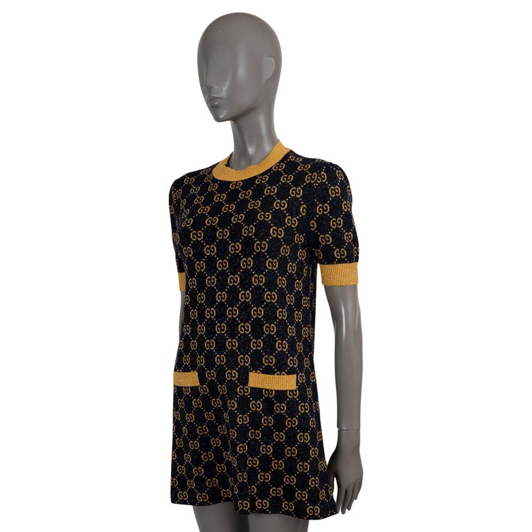 GUCCI navy & gold 2022 GG LAME JACQUARD KNIT MINI Dress XS GUCCI navy & gold 2022 GG LAME JACQUARD KNIT MINI Dress XS