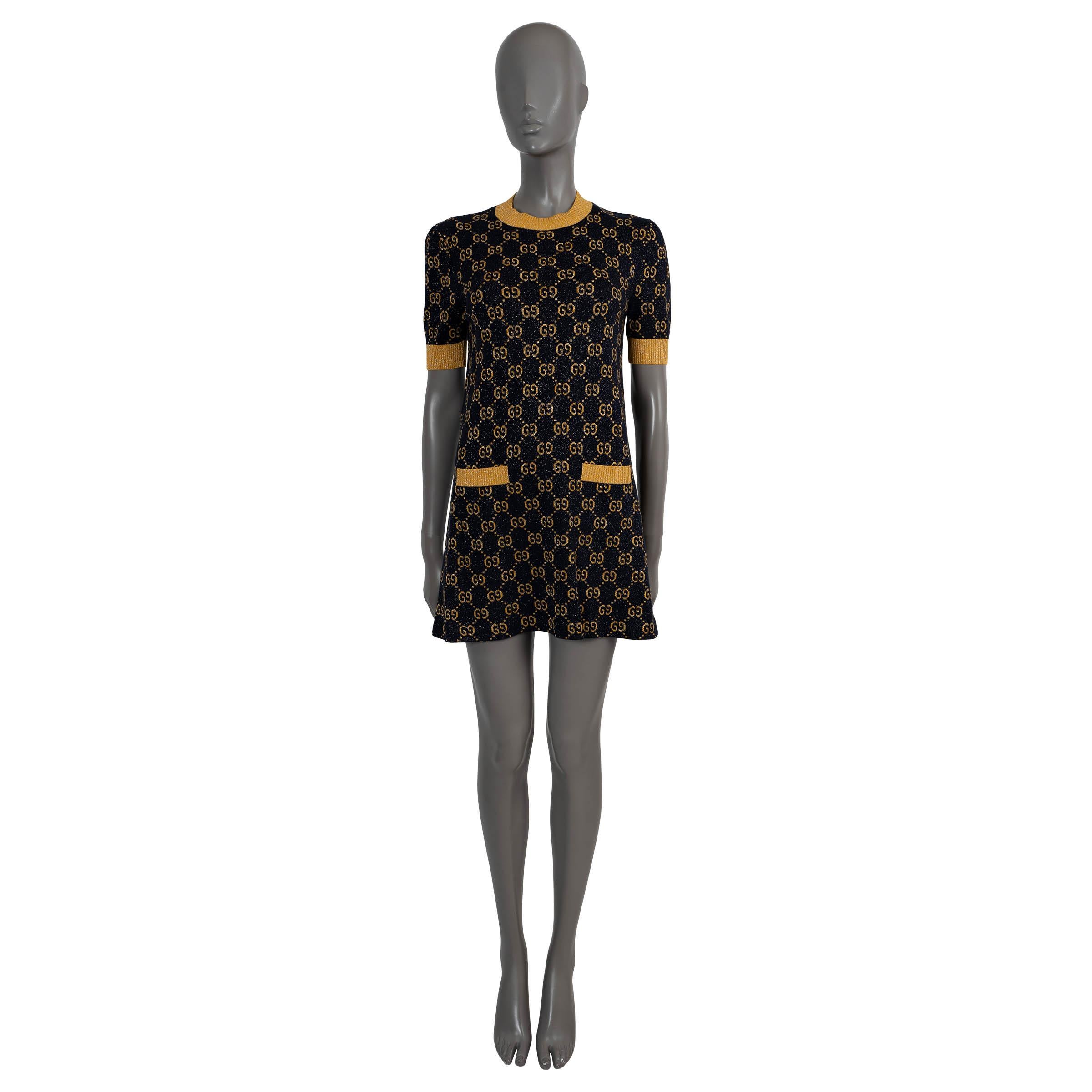 GUCCI navy & gold 2022 GG LAME JACQUARD KNIT MINI Dress XS In Excellent Condition In Zürich, CH
