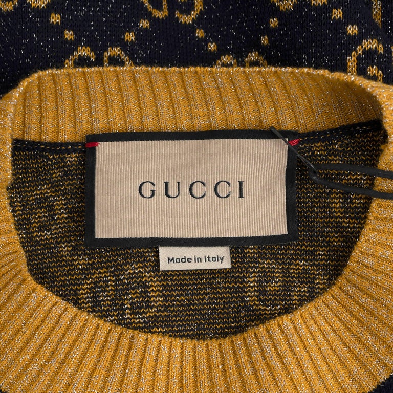 GUCCI navy and gold 2022 GG LAME JACQUARD KNIT MINI Dress XS at 1stDibs