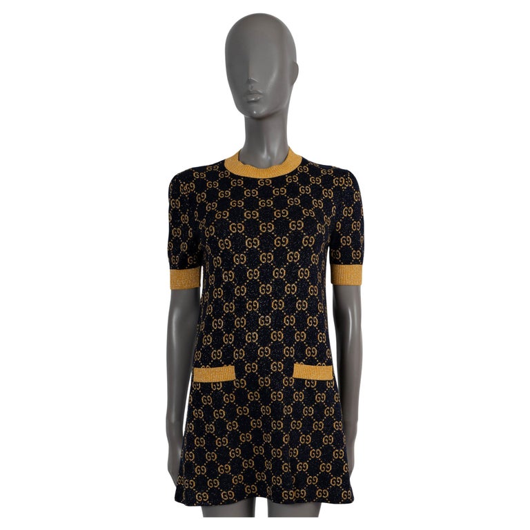 GUCCI navy & gold 2022 GG LAME JACQUARD KNIT MINI Dress XS