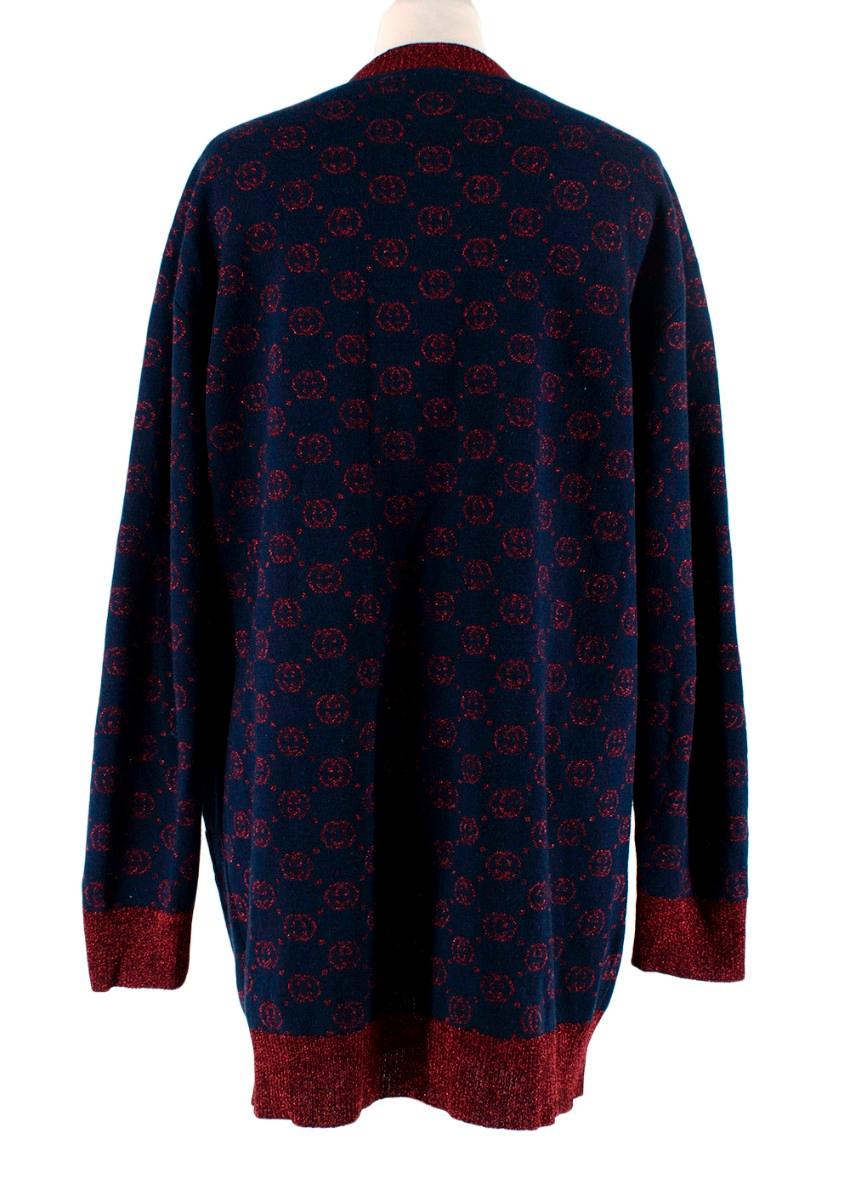 Marineblaue & rote Lurex-Strickjacke mit V-Ausschnitt und Intarsien-Monogramm von Gucci - US 6 (Schwarz)