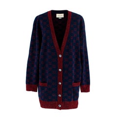 Marineblaue & rote Lurex-Strickjacke mit V-Ausschnitt und Intarsien-Monogramm von Gucci - US 6