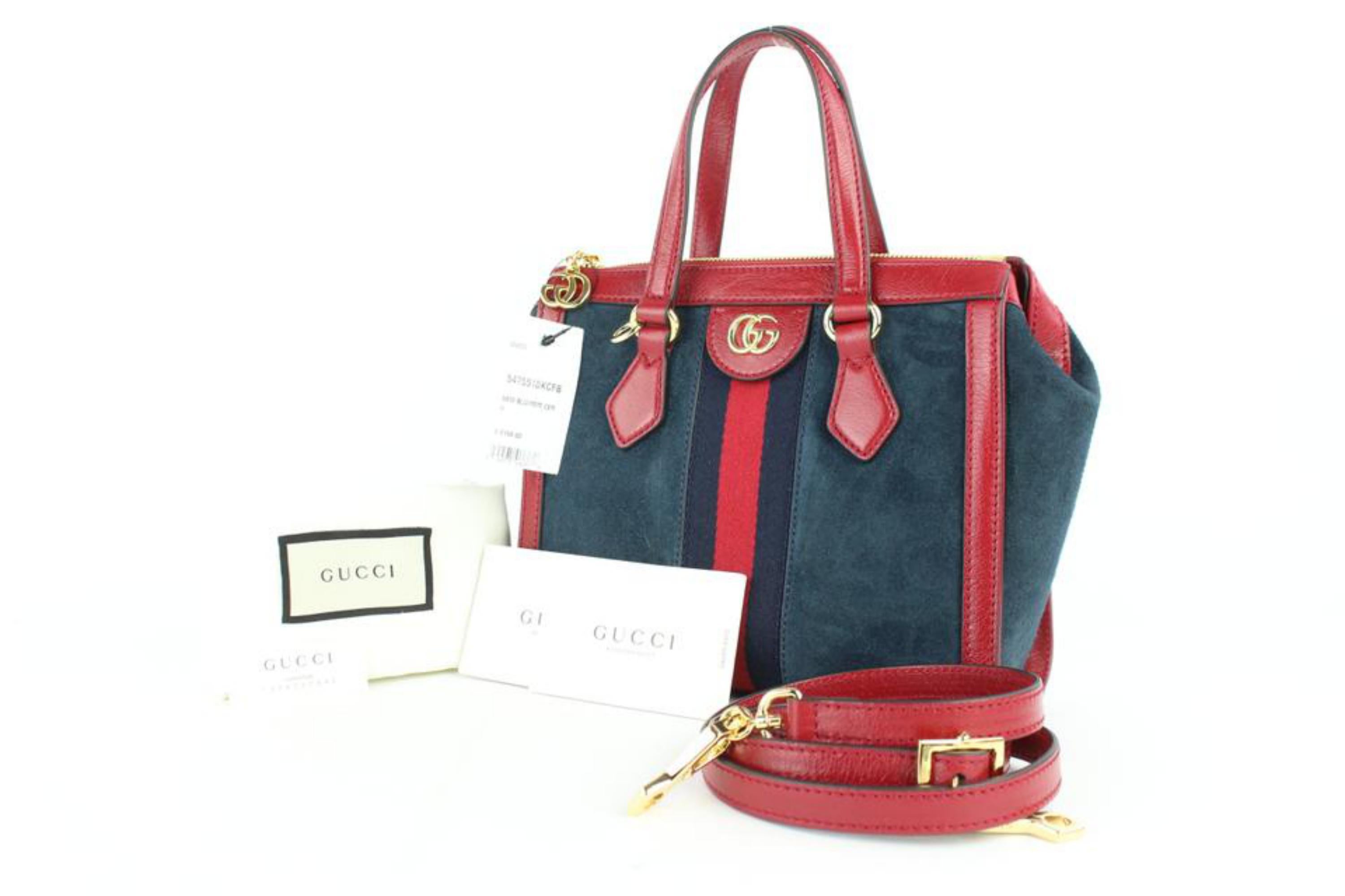 Gucci Navy Red Sherry Small  Web Satchel 2way 2gz0129 Blue Suede Cross Body Bag For Sale 1