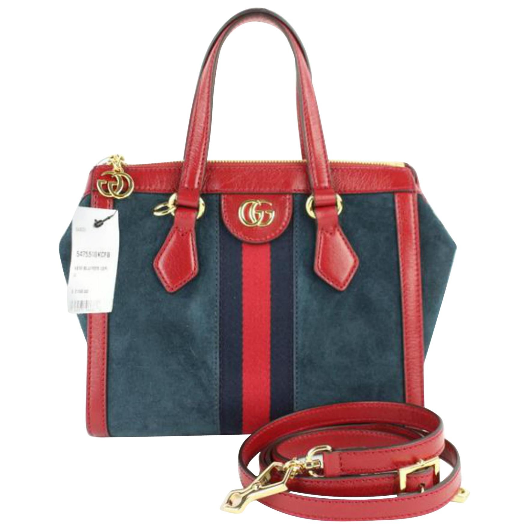 Gucci Navy Red Sherry Small  Web Satchel 2way 2gz0129 Blue Suede Cross Body Bag For Sale