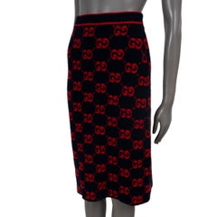 GUCCI navy & red wool 2022 MONOGRAM BOUCLE JACQUARD MIDI Skirt XS
