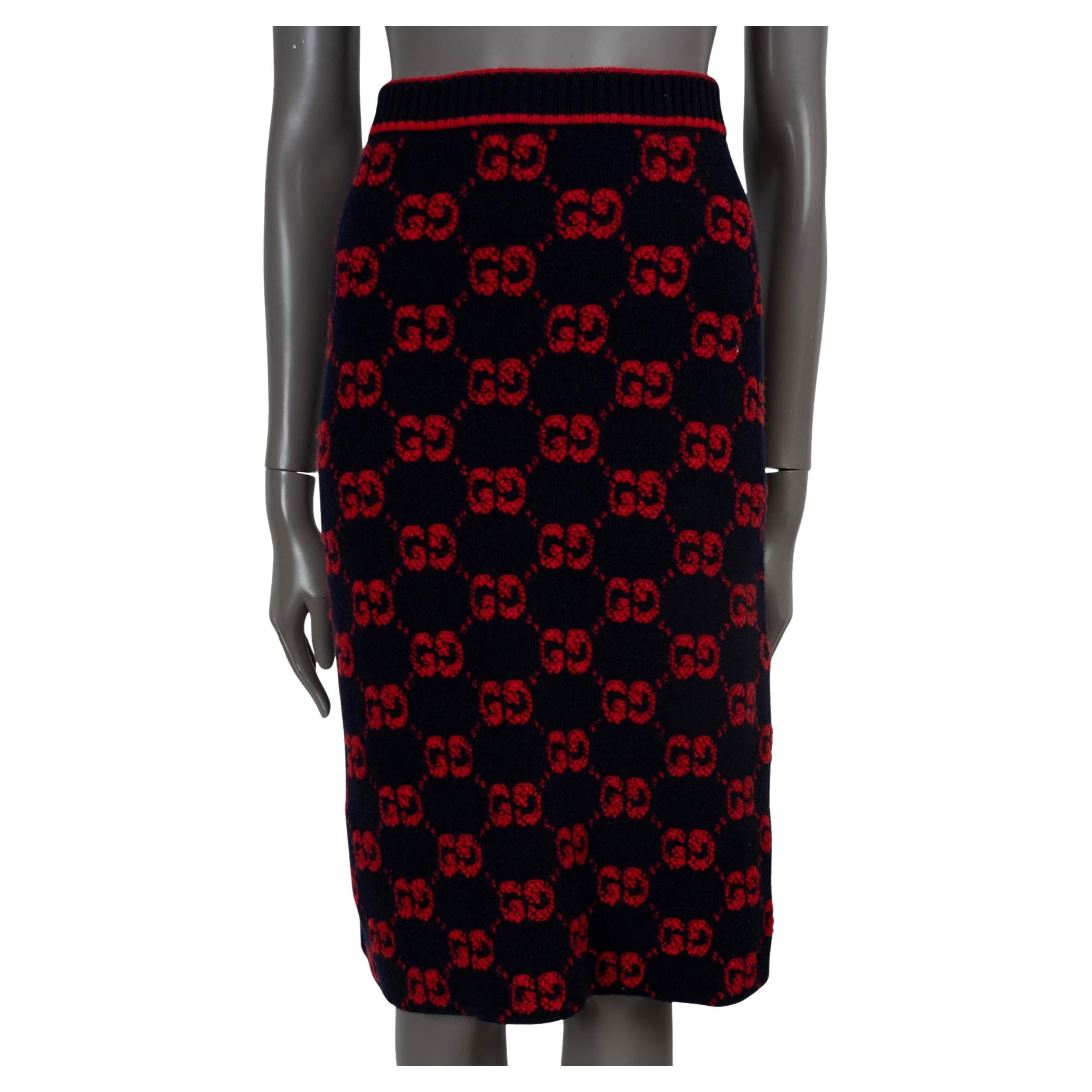 GUCCI navy & red wool 2022 MONOGRAM BOUCLE JACQUARD MIDI Skirt XS For Sale