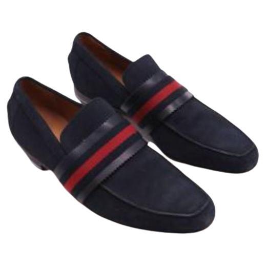 Gucci Navy Suede Web Trimmed Loafers For Sale