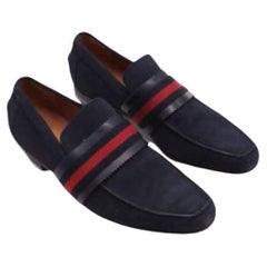 Gucci Navy Suede Web Trimmed Loafers