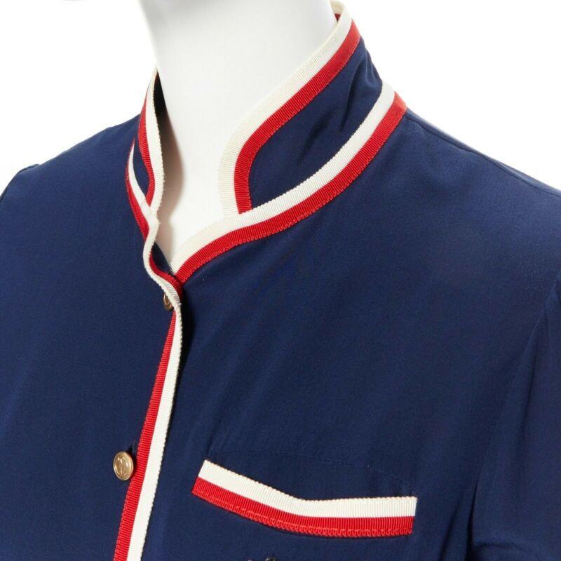 GUCCI navy tricolour ladybird ladybug embellish brooch badge silk shirt IT36 XXS For Sale 5