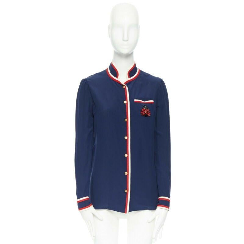 Purple GUCCI navy tricolour ladybird ladybug embellish brooch badge silk shirt IT36 XXS For Sale