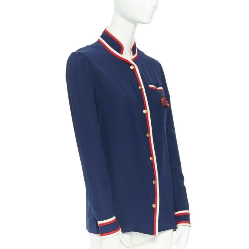 GUCCI navy tricolour ladybird ladybug embellish brooch badge silk shirt IT36 XXS In Good Condition For Sale In Hong Kong, NT