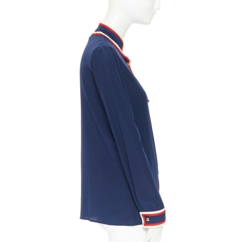 GUCCI Marineblaues dreifarbiges Seidenhemd mit Ladybird- und Ladybug-Verzierung IT36 XXS Damen im Angebot