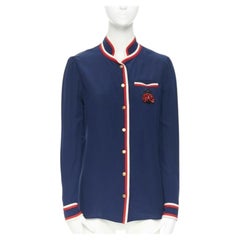 GUCCI navy tricolour ladybird ladybug embellish brooch badge silk shirt IT36 XXS